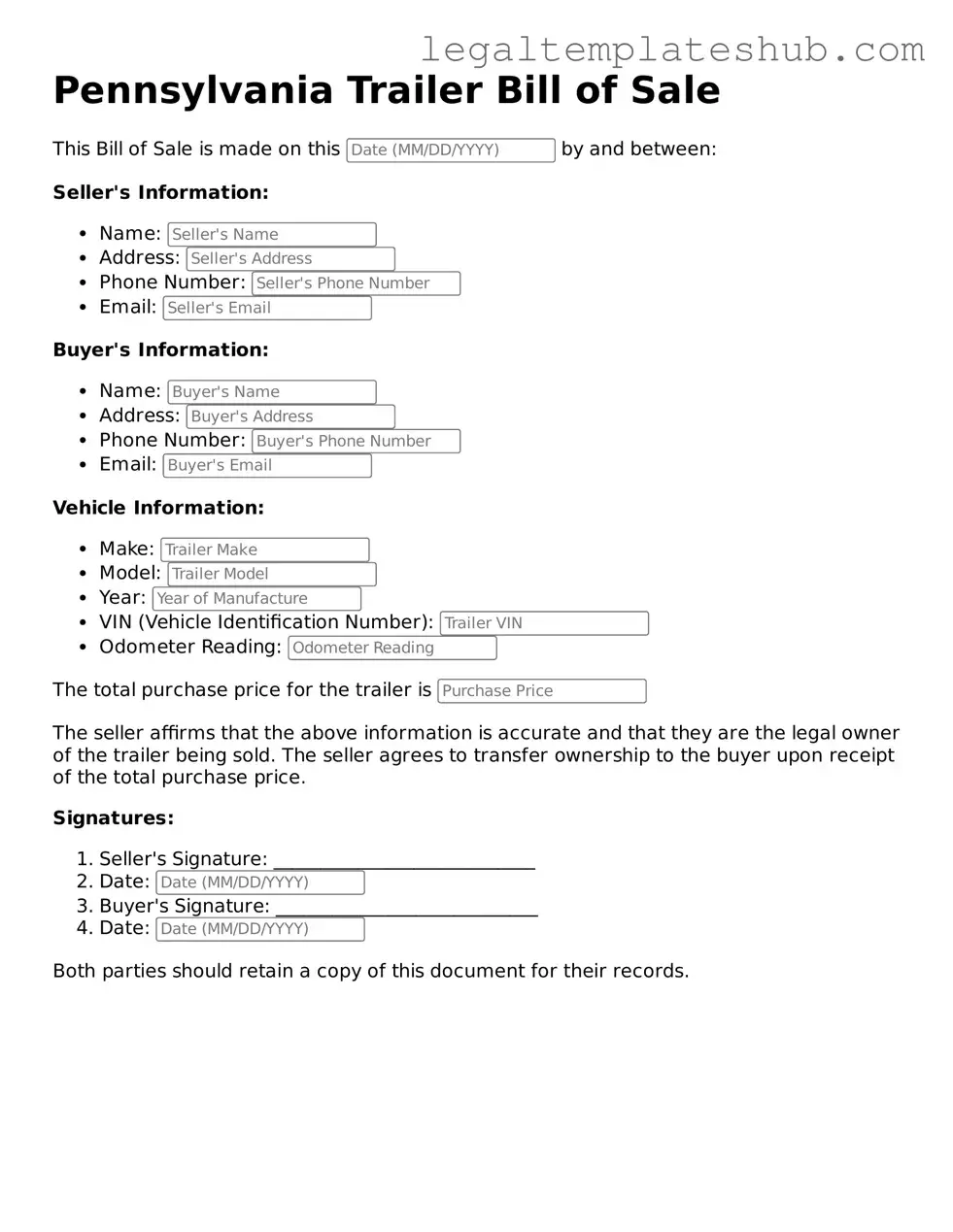 Printable Trailer Bill of Sale Document for Pennsylvania