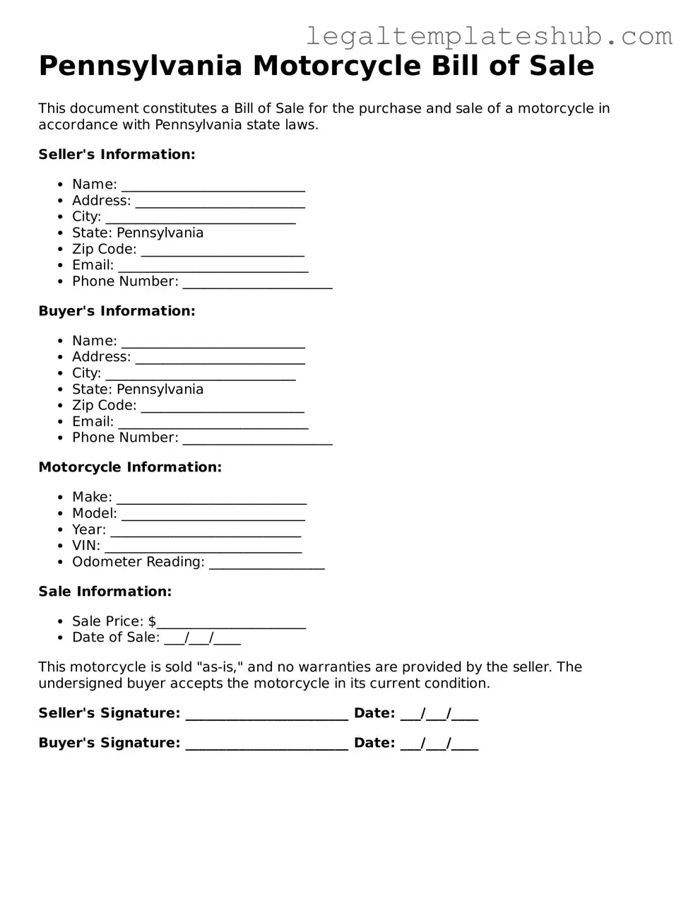 Printable  Motorcycle Bill of Sale Document for Pennsylvania