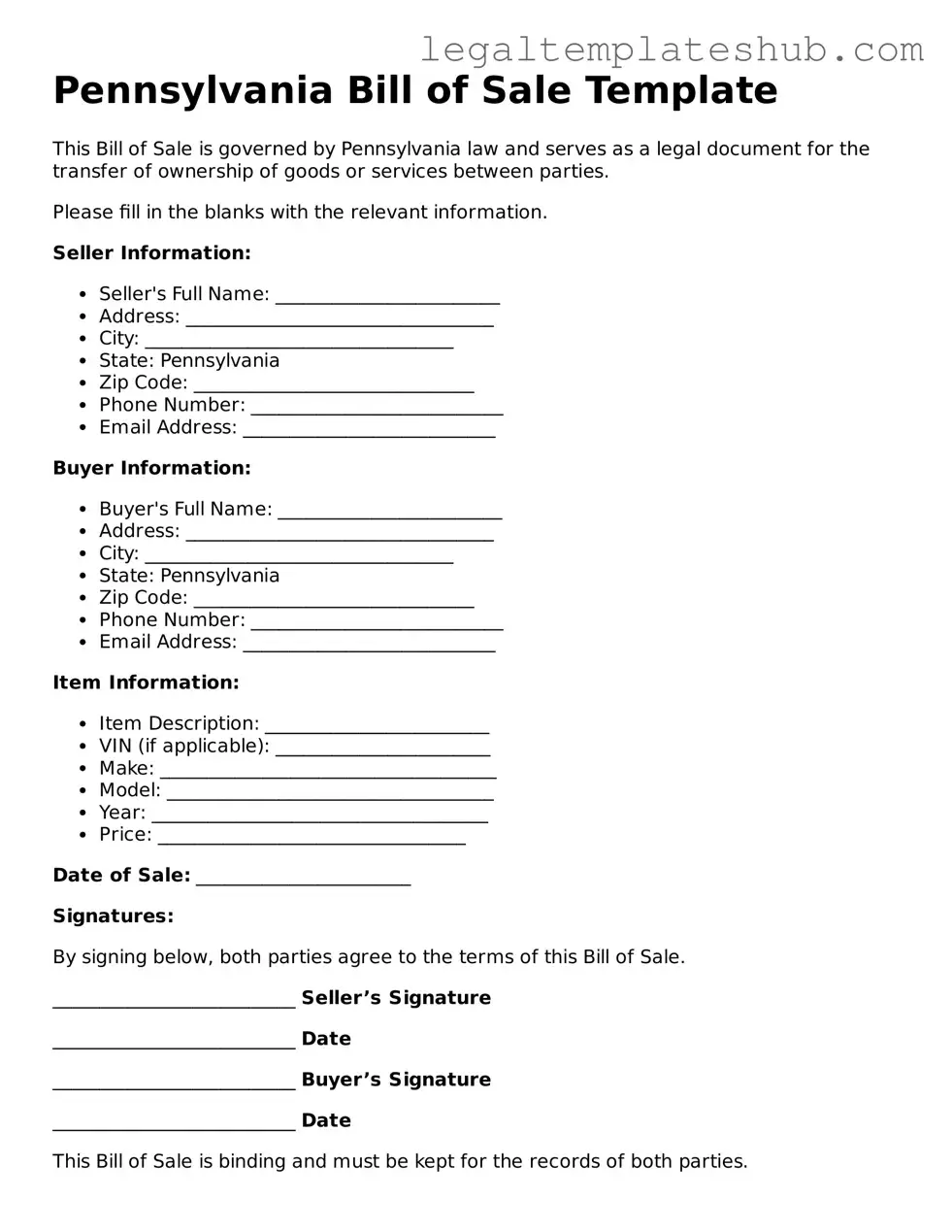 Printable Bill of Sale Document for Pennsylvania