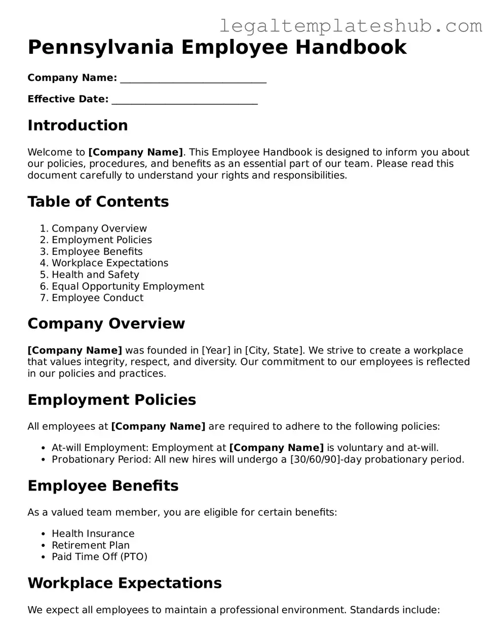 Printable Employee Handbook Document for Pennsylvania