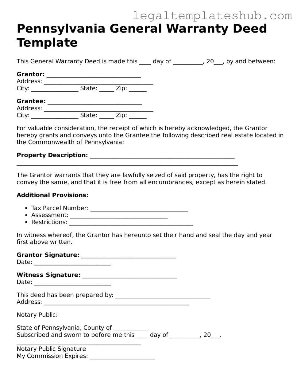 Printable Deed Document for Pennsylvania