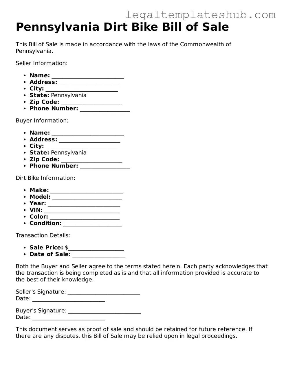 Printable  Dirt Bike Bill of Sale Document for Pennsylvania