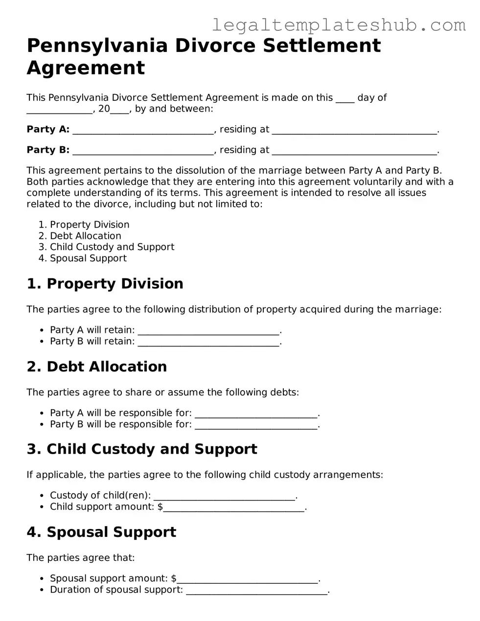 Printable  Divorce Settlement Agreement Document for Pennsylvania