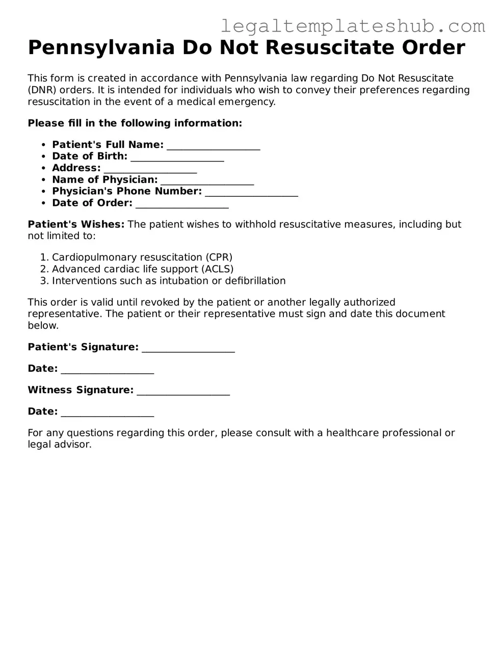 Printable Do Not Resuscitate Order Document for Pennsylvania