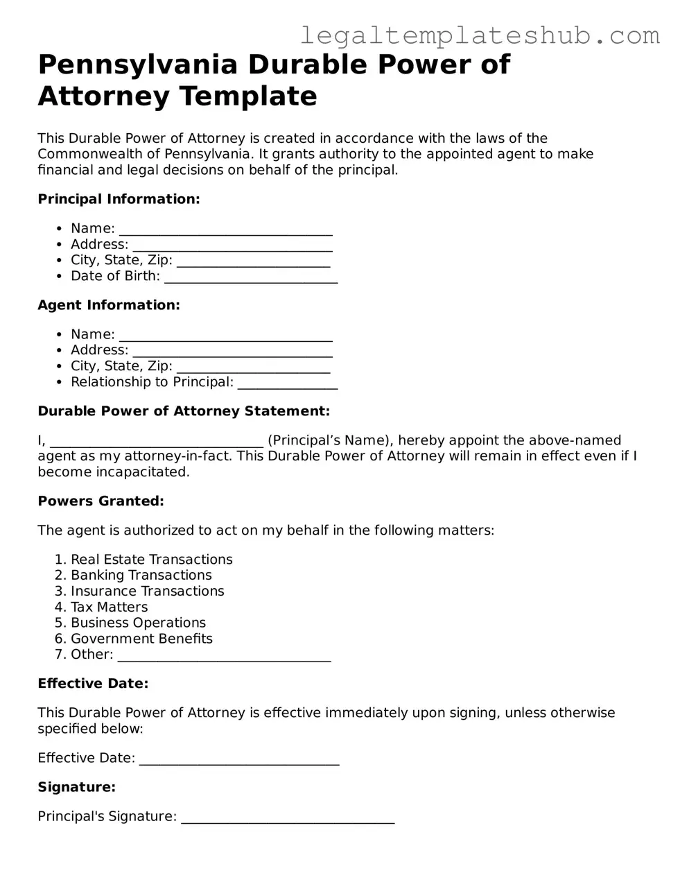 Printable Durable Power of Attorney Document for Pennsylvania