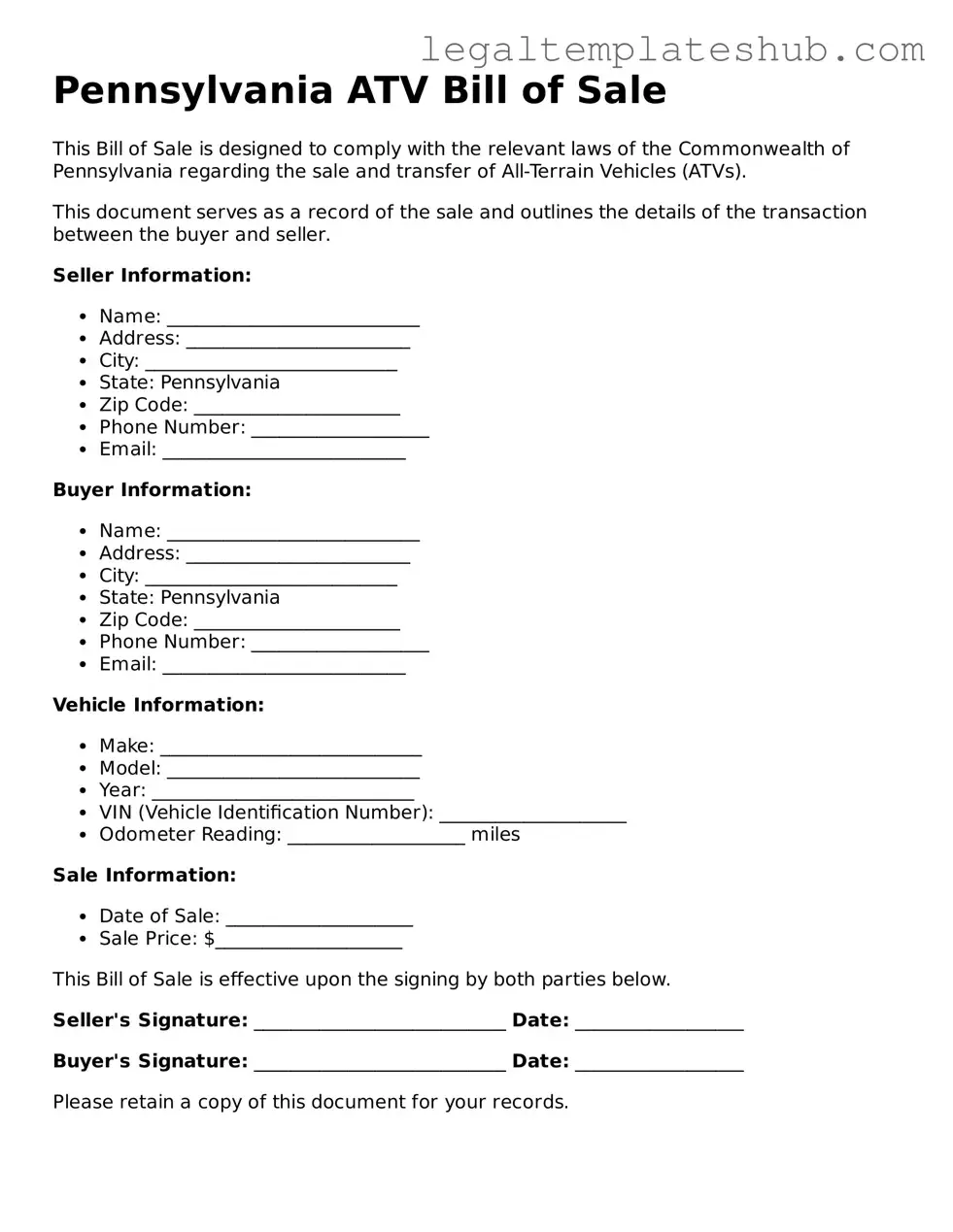 Printable ATV Bill of Sale Document for Pennsylvania