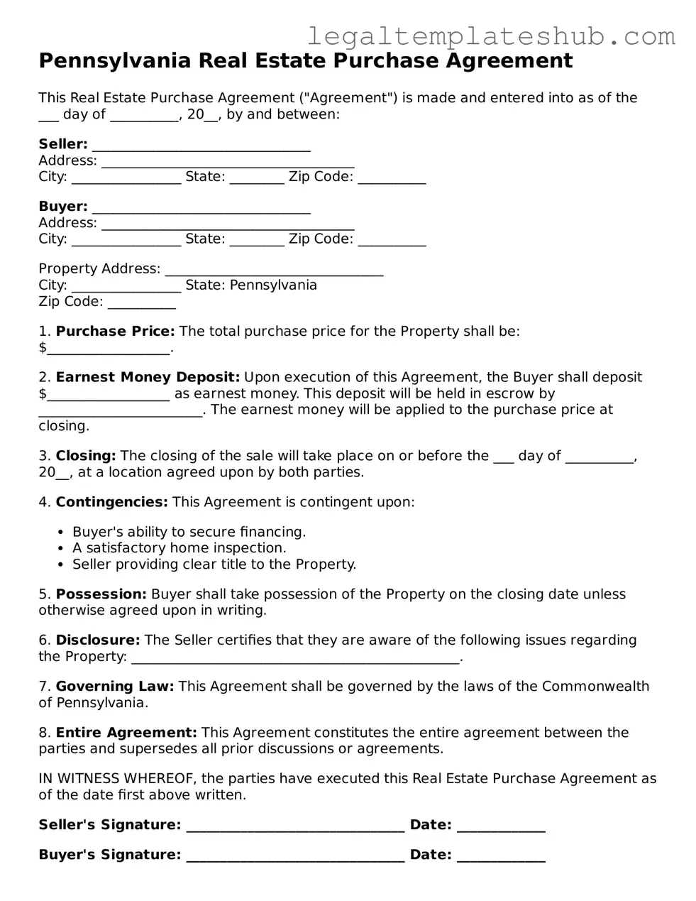 Printable  Real Estate Purchase Agreement Document for Pennsylvania