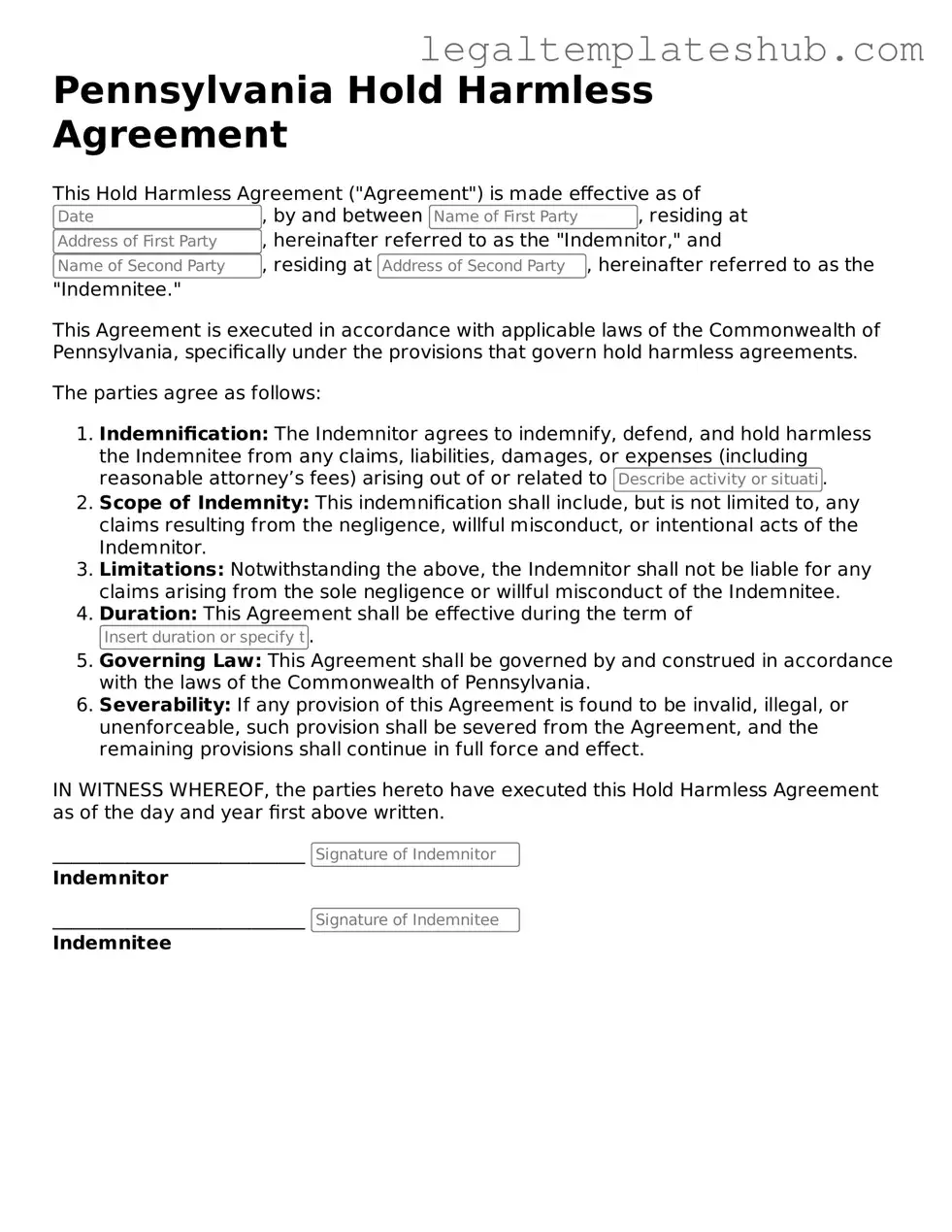Printable  Hold Harmless Agreement Document for Pennsylvania