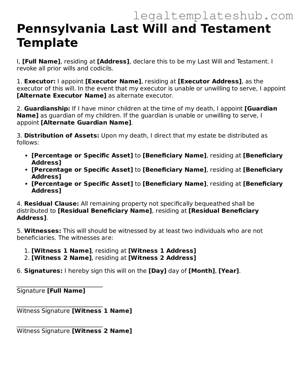 Printable  Last Will and Testament Document for Pennsylvania