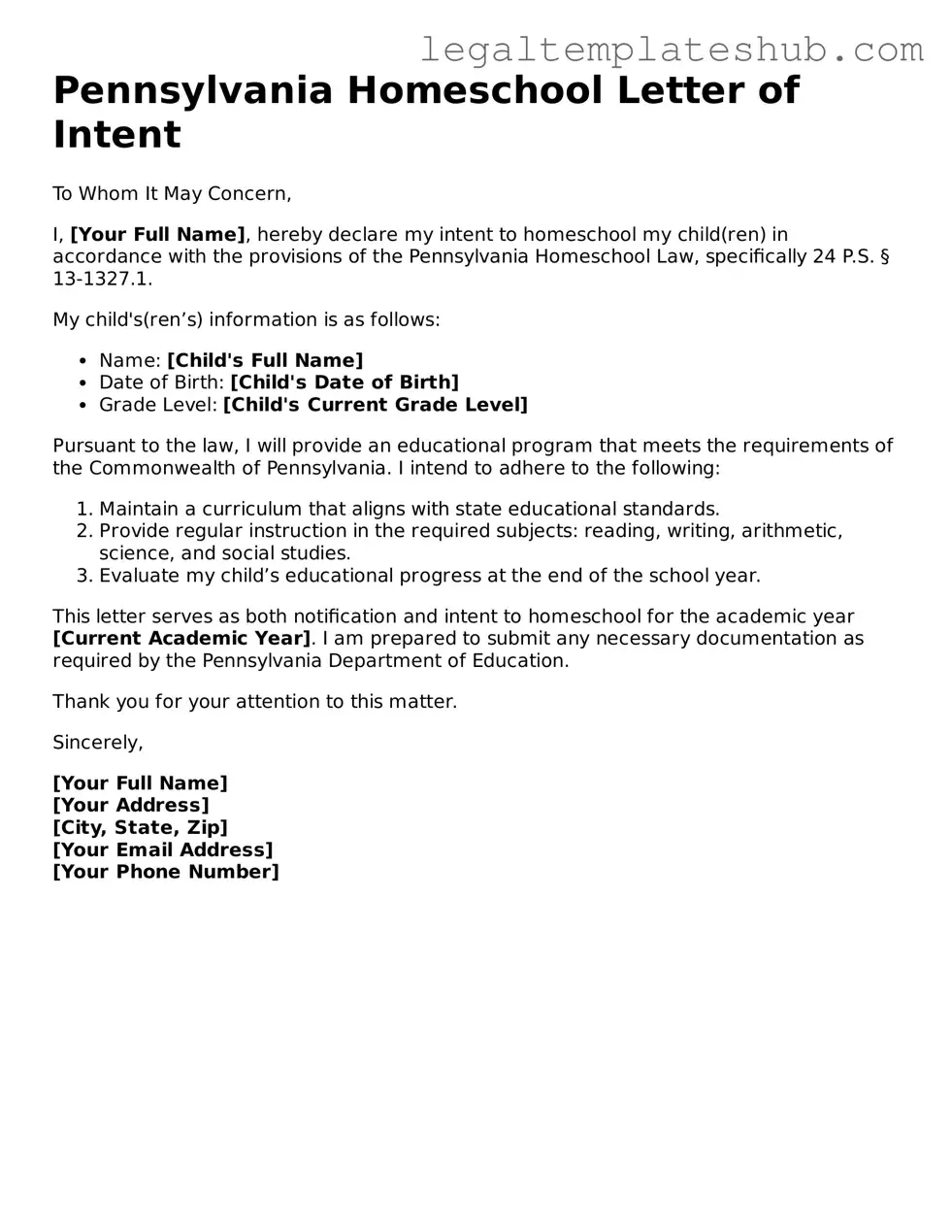 Printable  Homeschool Letter of Intent Document for Pennsylvania