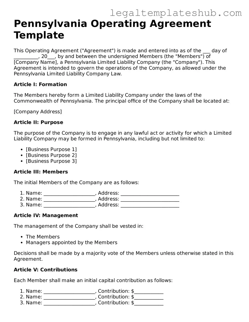 Printable Operating Agreement Document for Pennsylvania