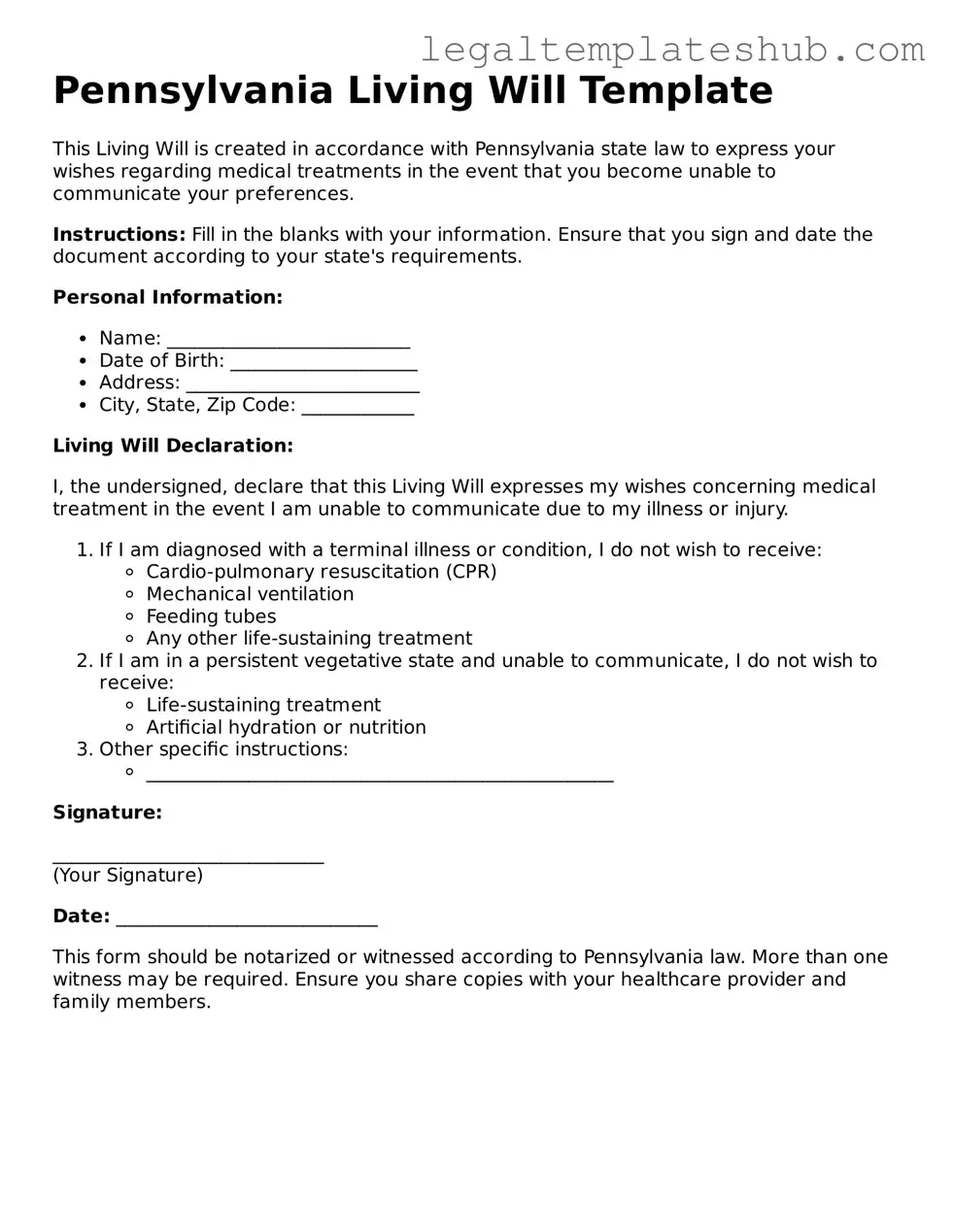 Printable  Living Will Document for Pennsylvania