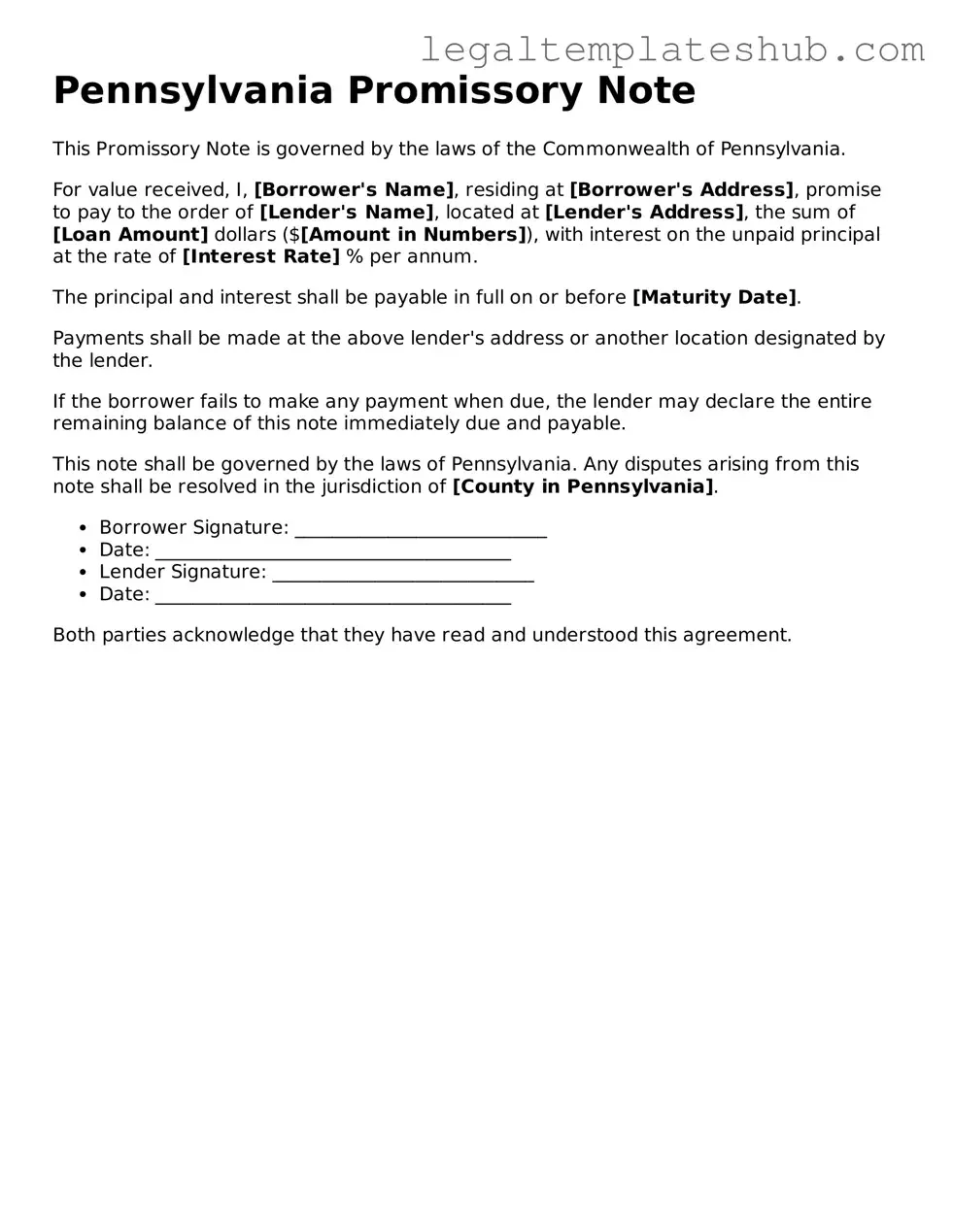 Printable  Promissory Note Document for Pennsylvania