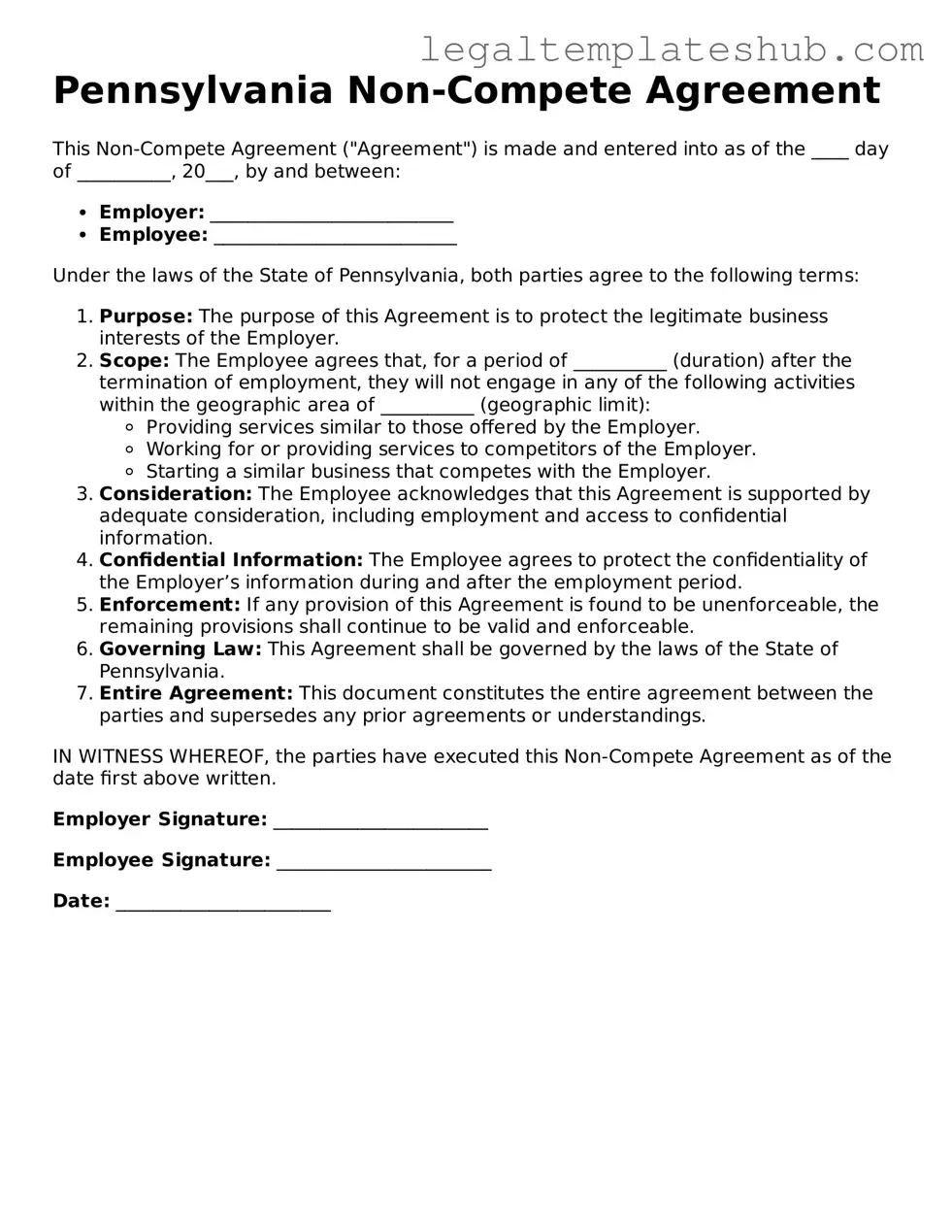 Printable  Non-compete Agreement Document for Pennsylvania