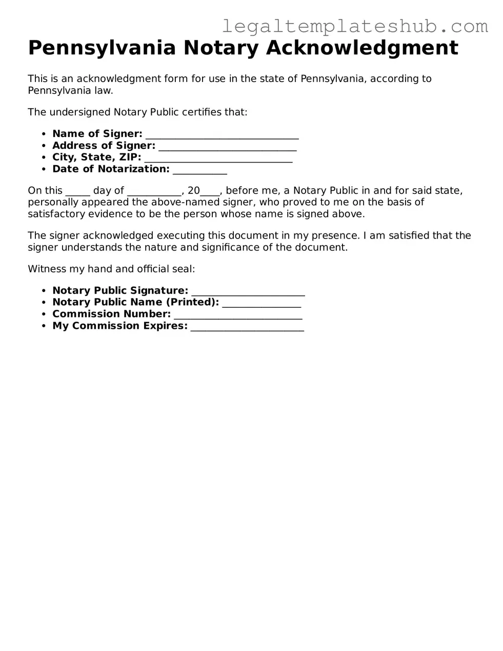 Printable  Notary Acknowledgement Document for Pennsylvania