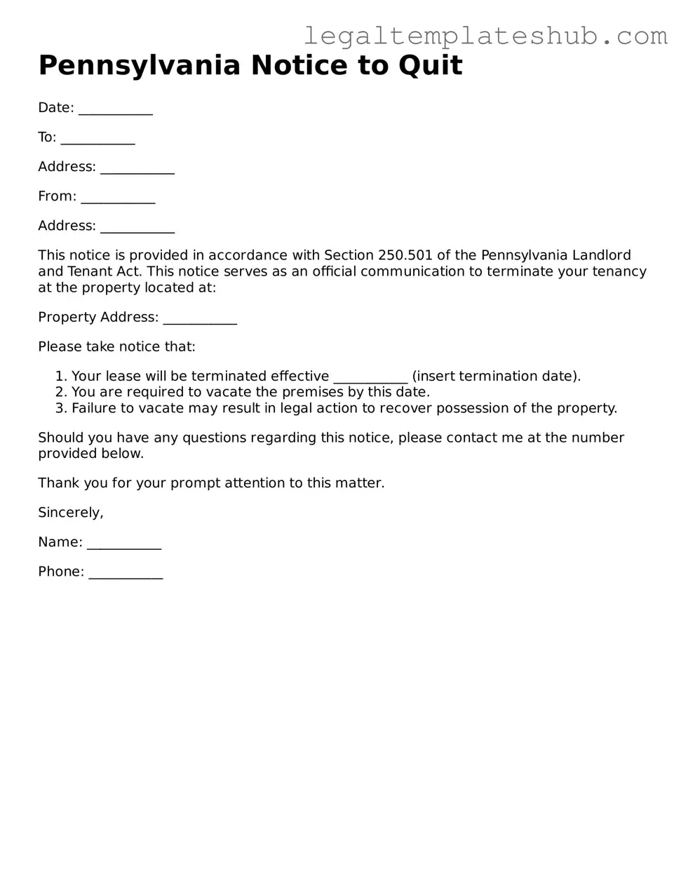 Printable  Notice to Quit Document for Pennsylvania