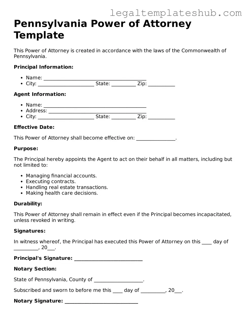 Printable  Power of Attorney Document for Pennsylvania