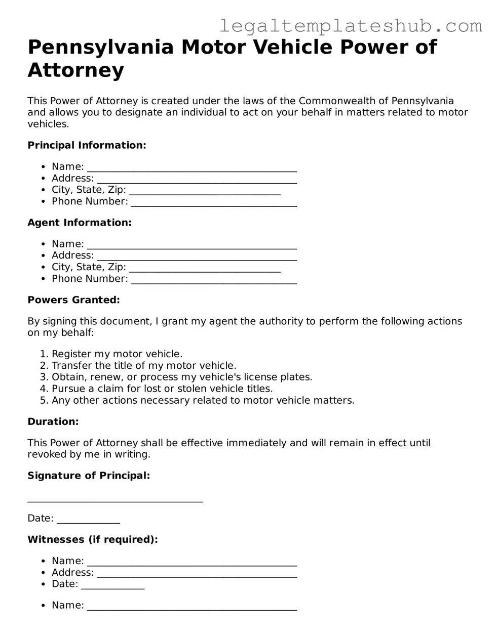 Printable  Motor Vehicle Power of Attorney Document for Pennsylvania