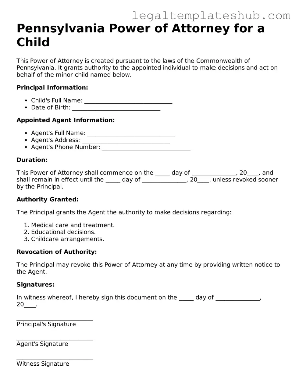 Printable Power of Attorney for a Child Document for Pennsylvania