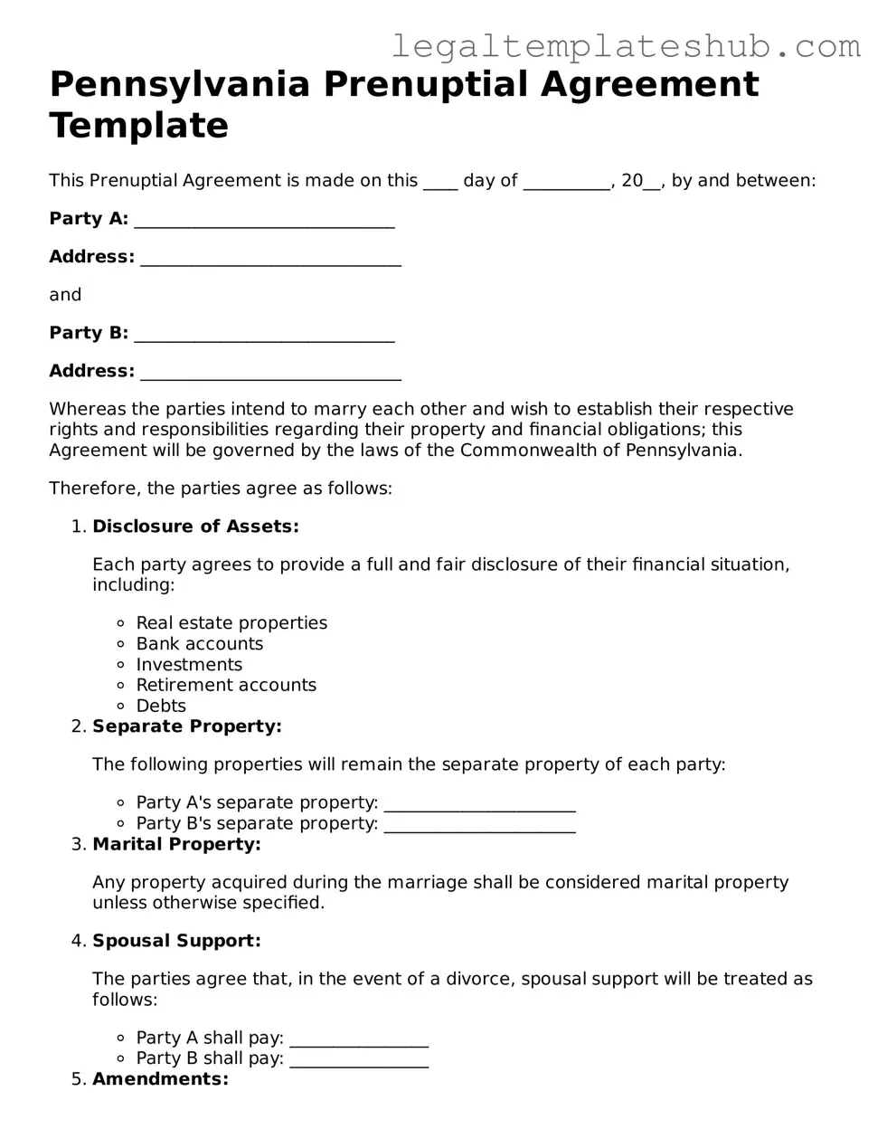 Printable  Prenuptial Agreement Document for Pennsylvania