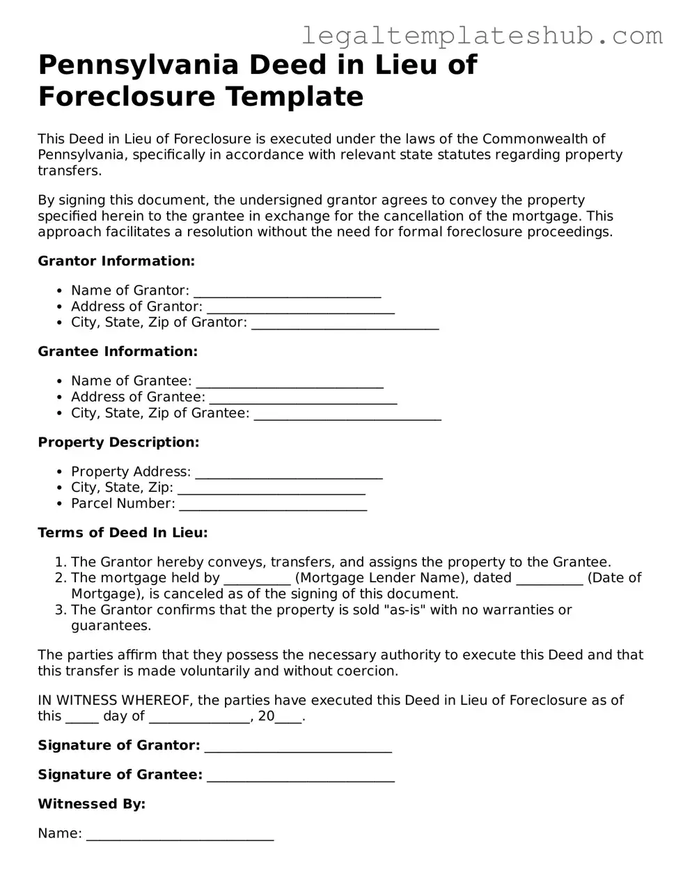 Printable  Deed in Lieu of Foreclosure Document for Pennsylvania