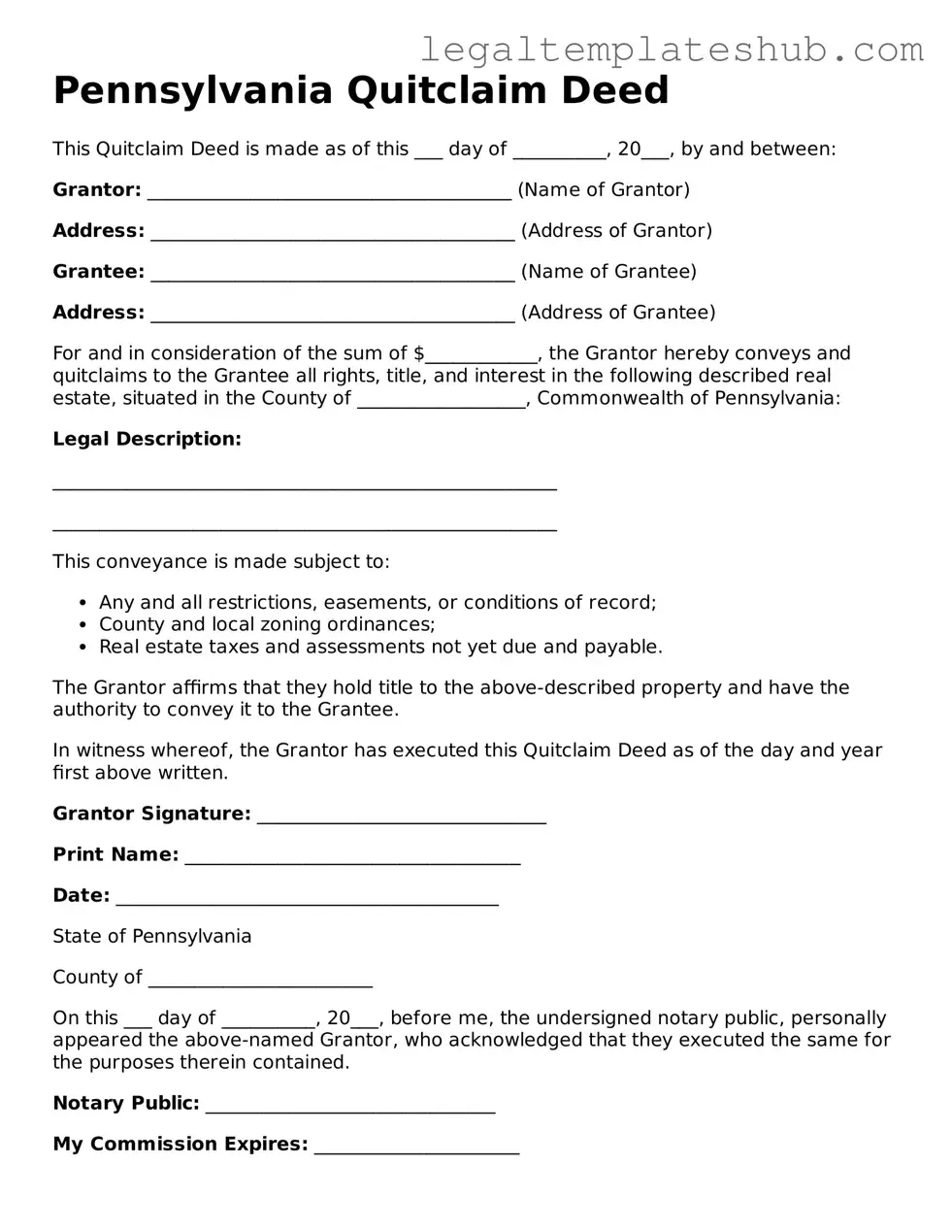Printable Quitclaim Deed Document for Pennsylvania