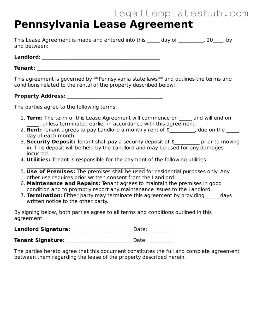 Printable  Lease Agreement Document for Pennsylvania