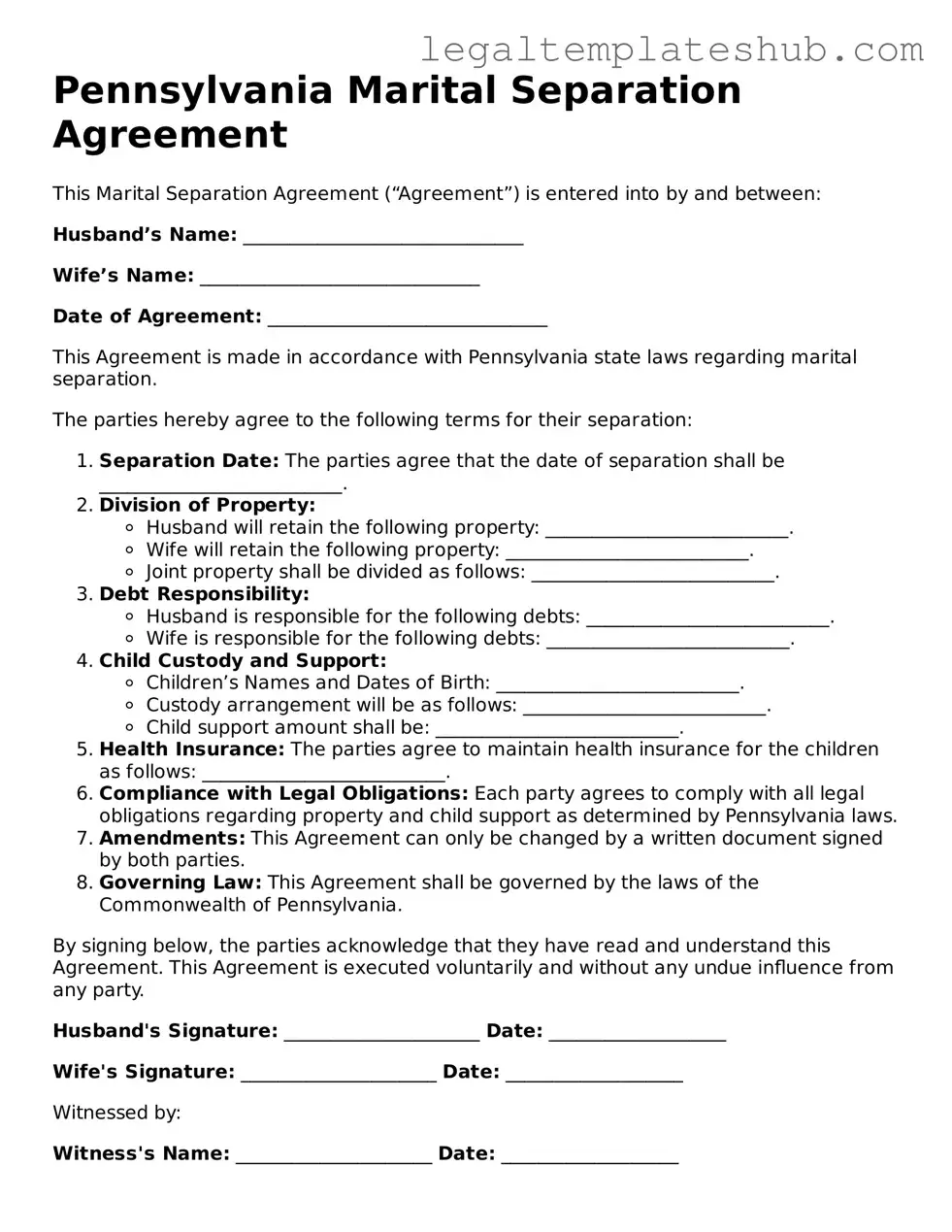 Printable Marital Separation Agreement Document for Pennsylvania