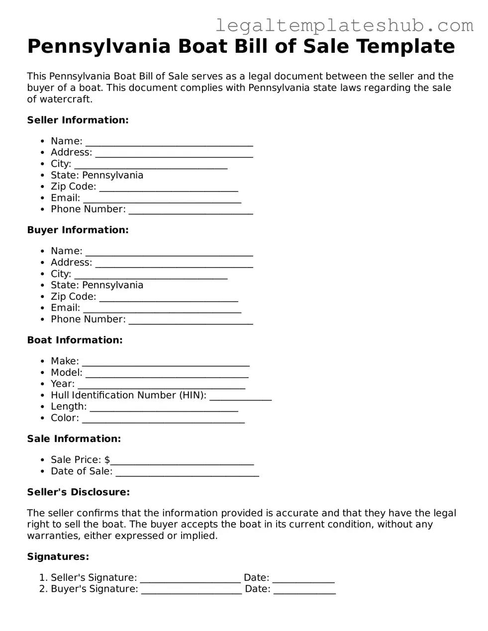 Printable Boat Bill of Sale Document for Pennsylvania