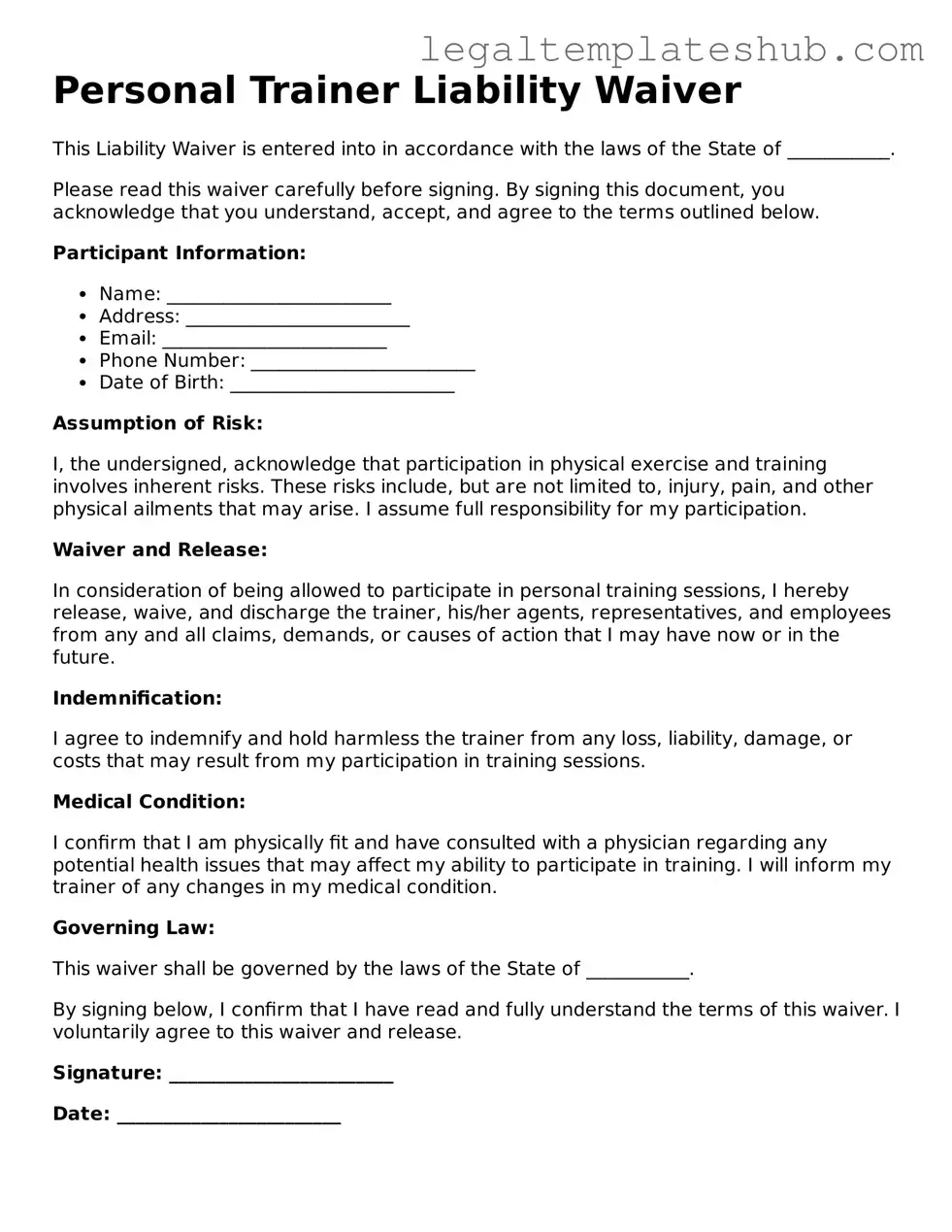 Printable Personal Trainer Liability Waiver Template