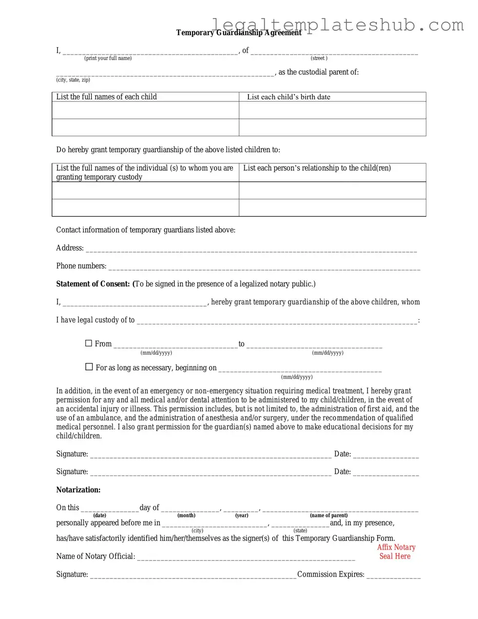 Blank Temporary Custody PDF Form