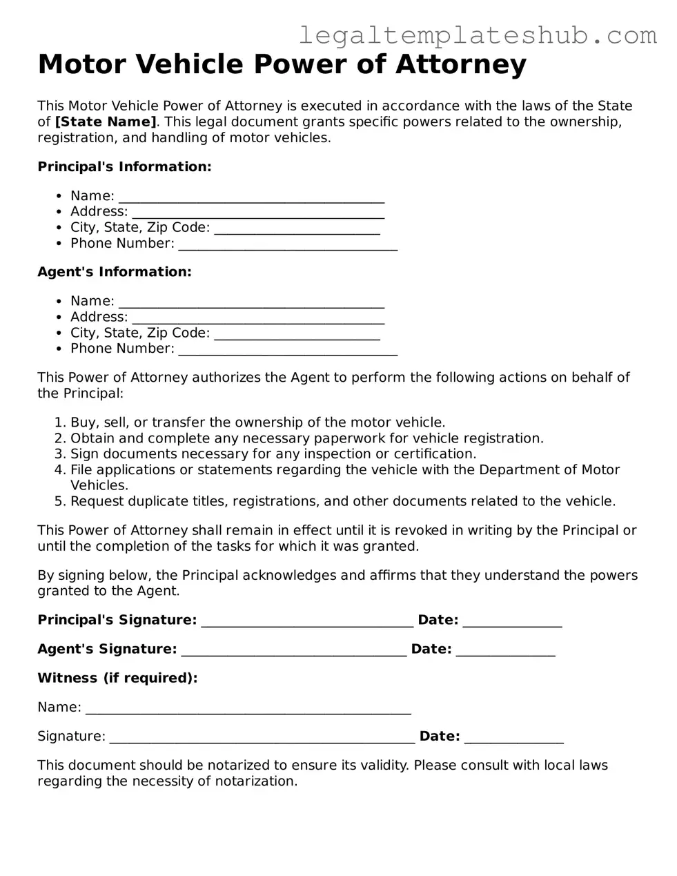 Printable Motor Vehicle Power of Attorney Template