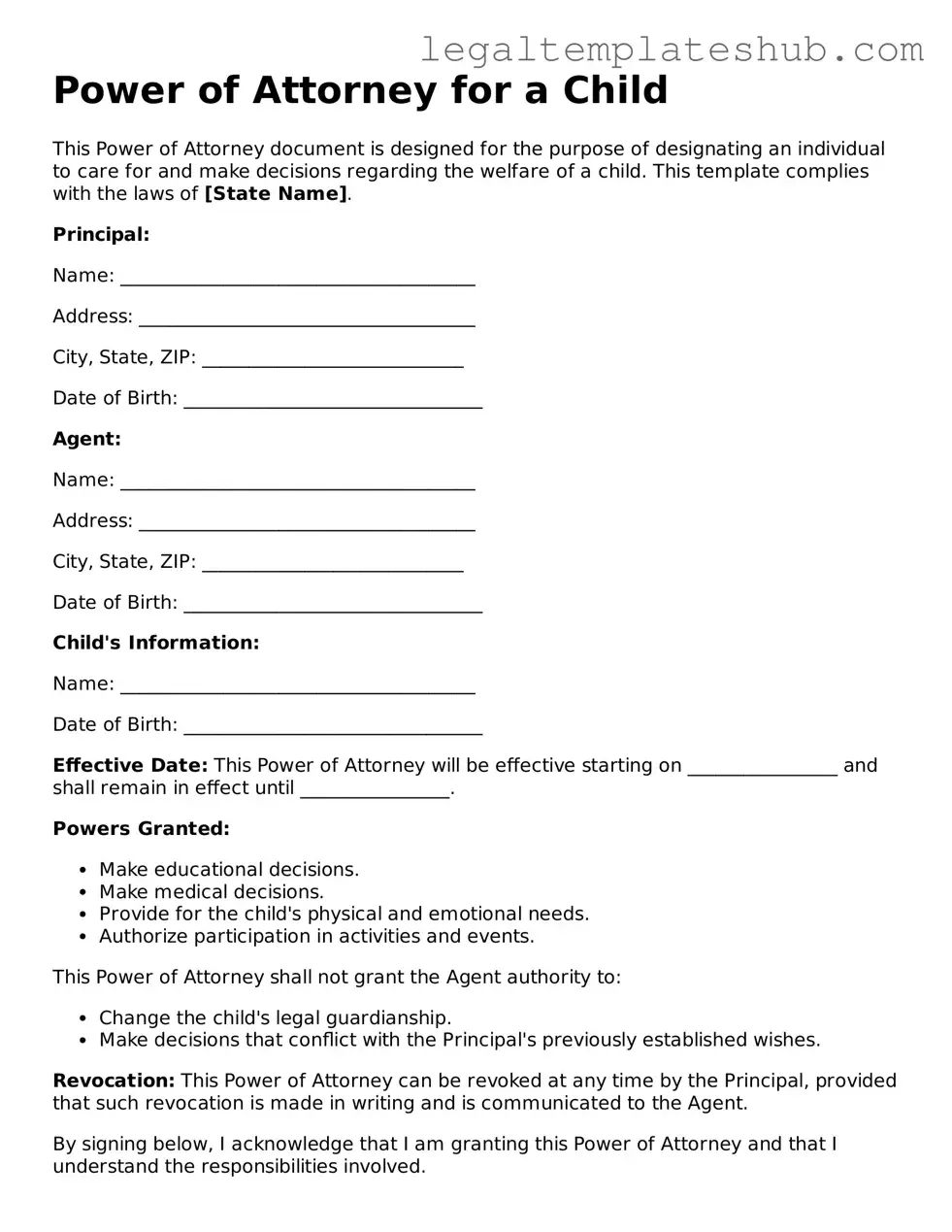 Printable Power of Attorney for a Child Template