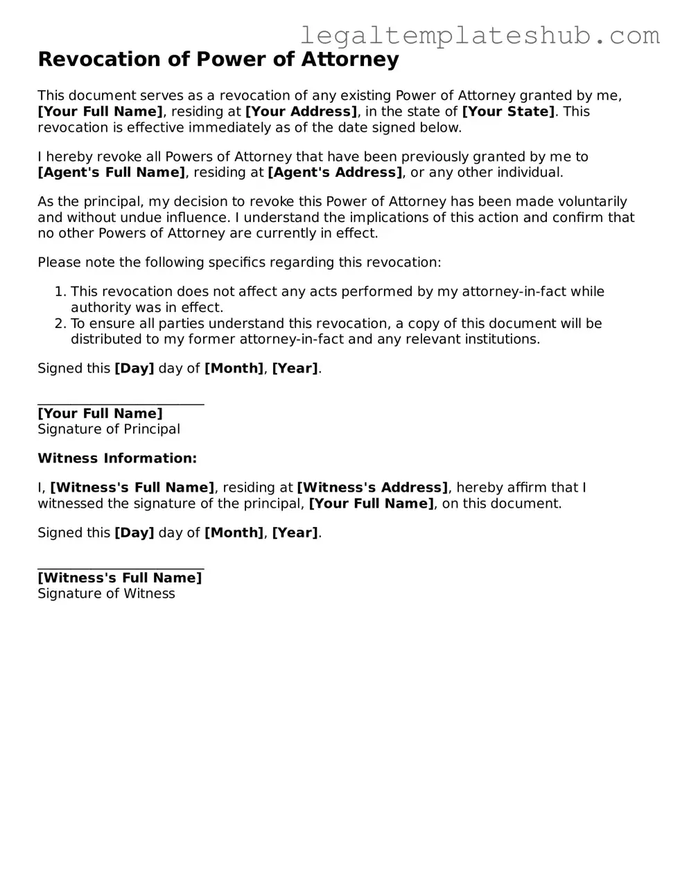 Printable Revocation of Power of Attorney Template