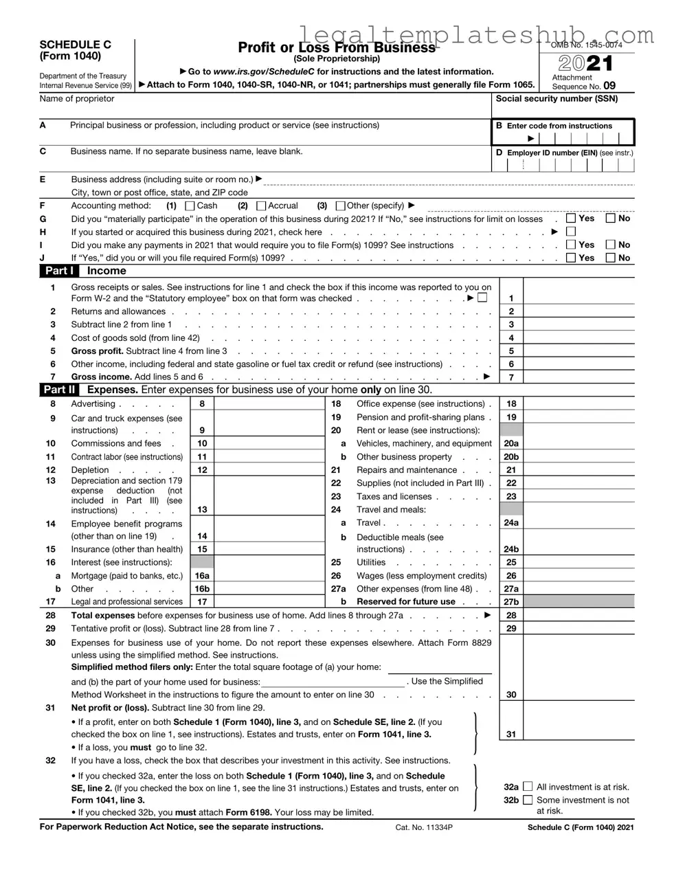Blank IRS Schedule C 1040 PDF Form