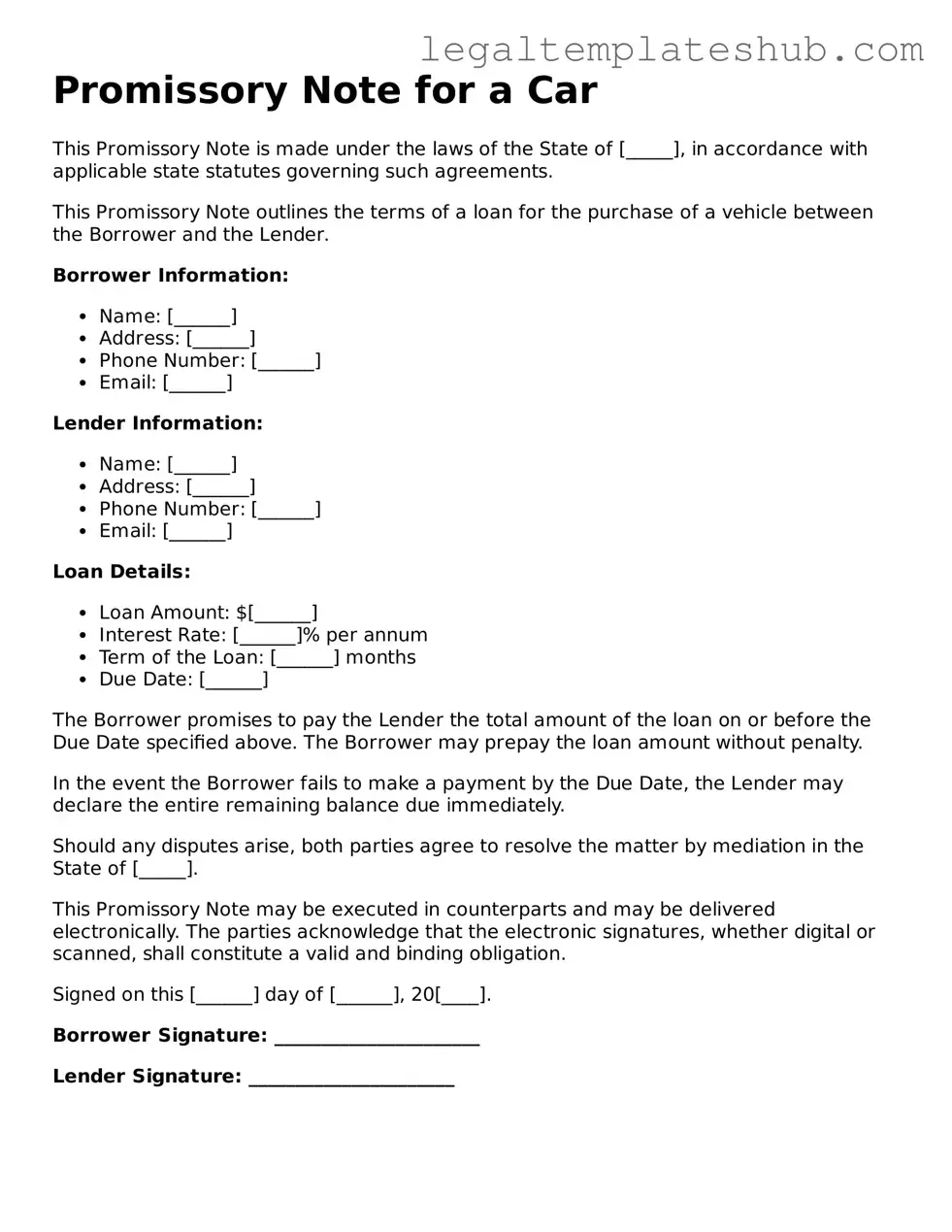 Printable Promissory Note for a Car Template