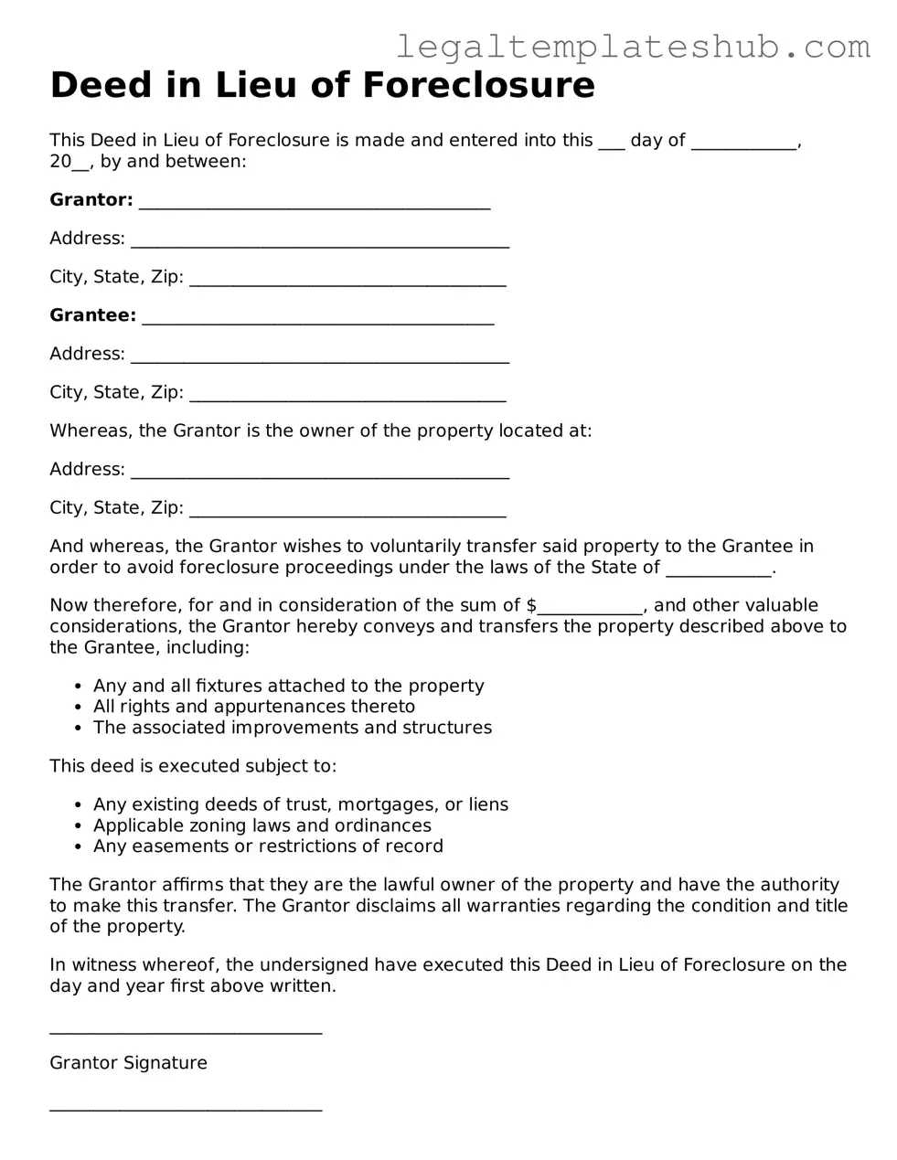 Printable Deed in Lieu of Foreclosure Template