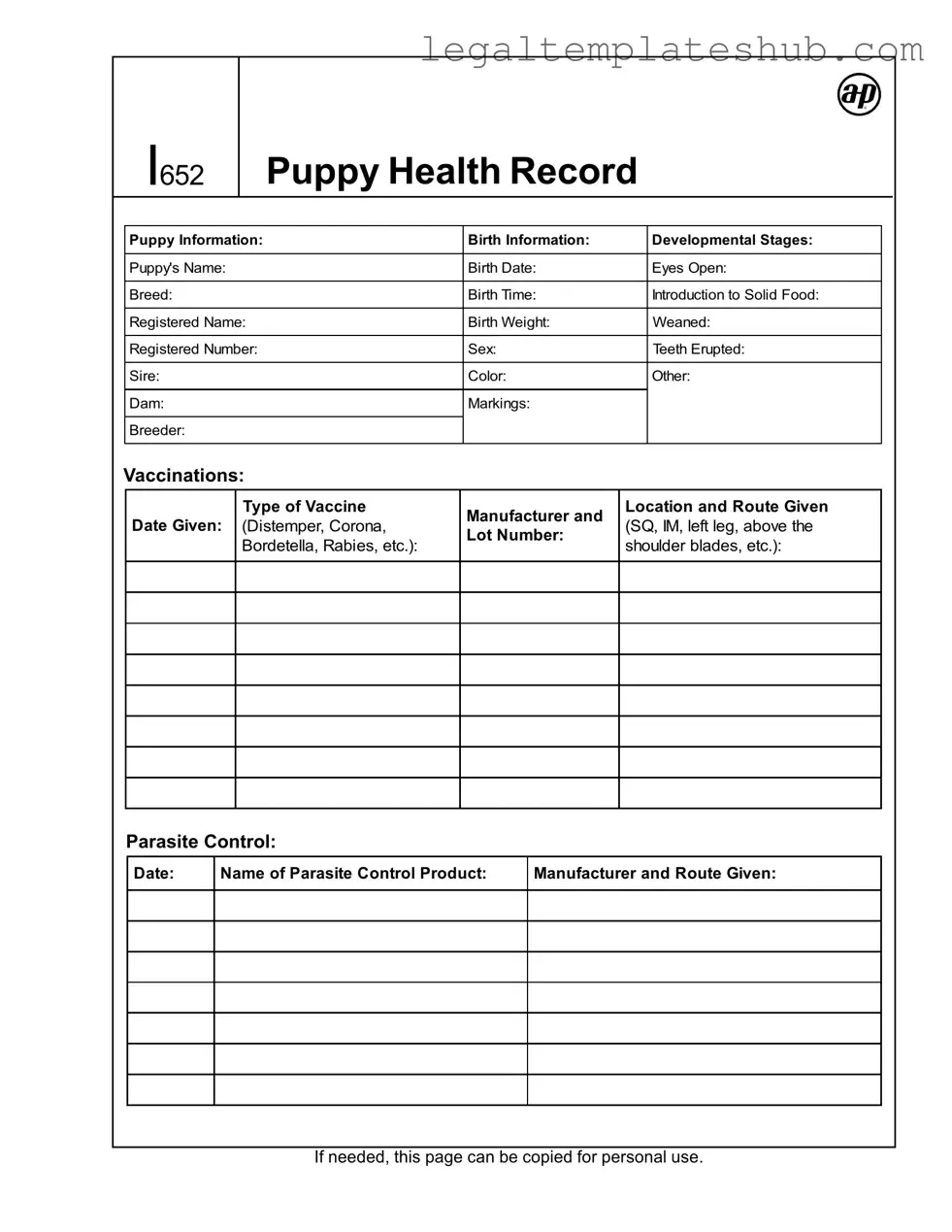Blank Puppy Health Record PDF Form