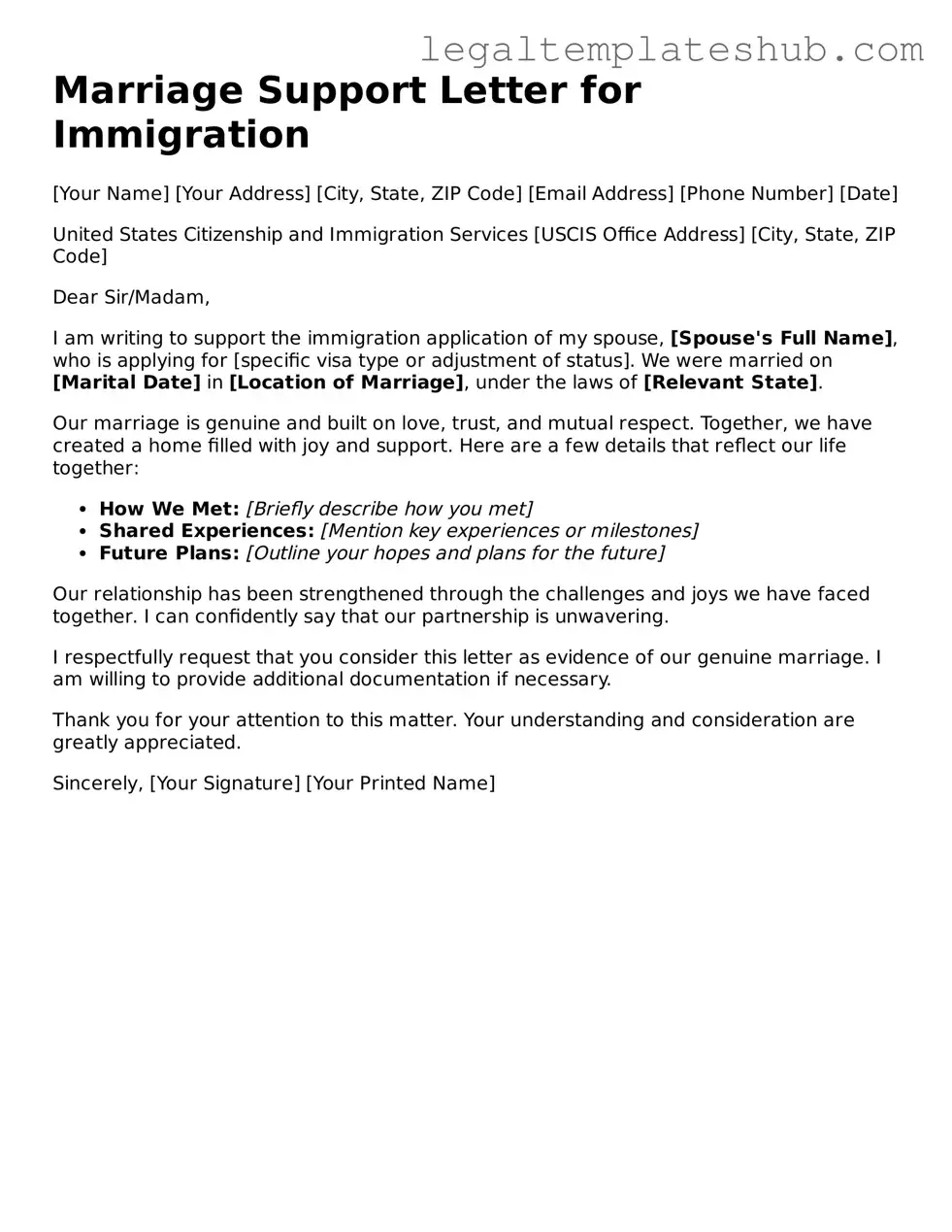 Printable Marriage Support Letter for Immigration Template