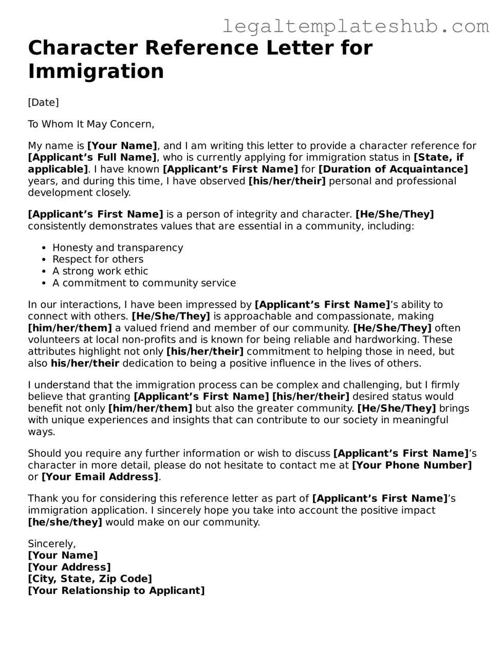 Printable Character Reference Letter for Immigration Template