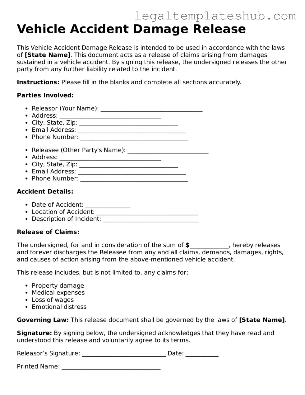 Printable Vehicle Accident Damage Release Template