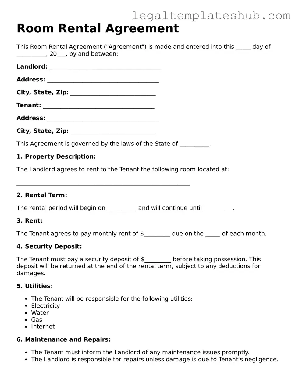 Printable Room Rental Agreement Template