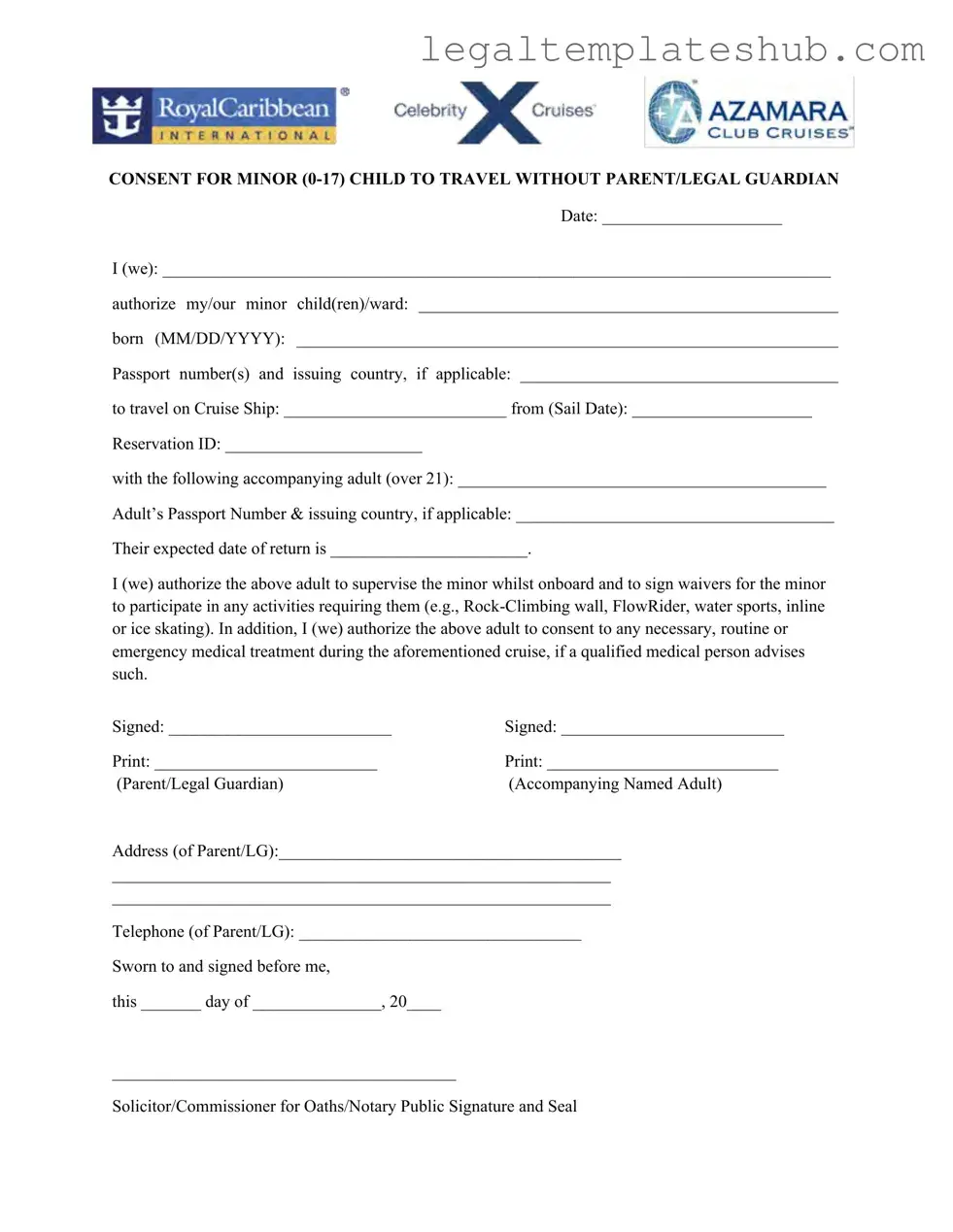 Blank Royal Caribbean Parental Consent PDF Form