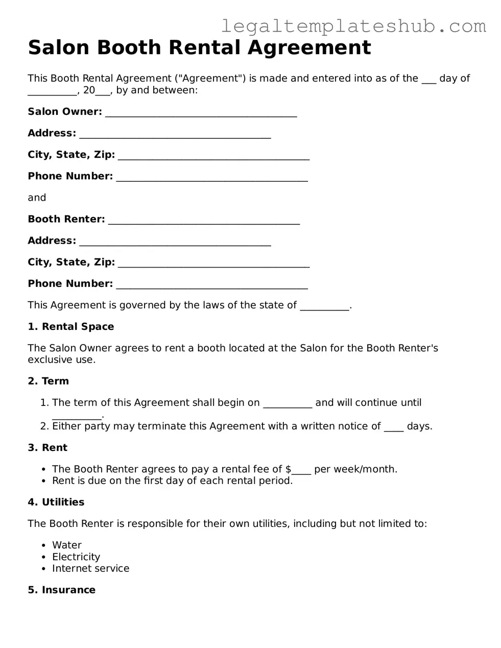 Printable Salon Booth Rental Agreement Template