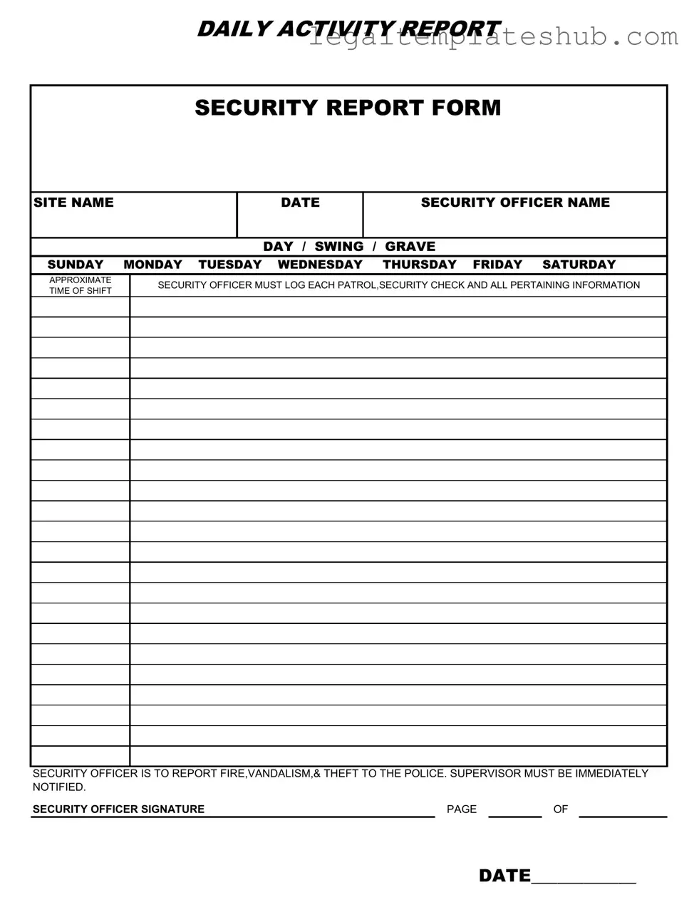 Blank Security Guard Daily Report Sample PDF Form