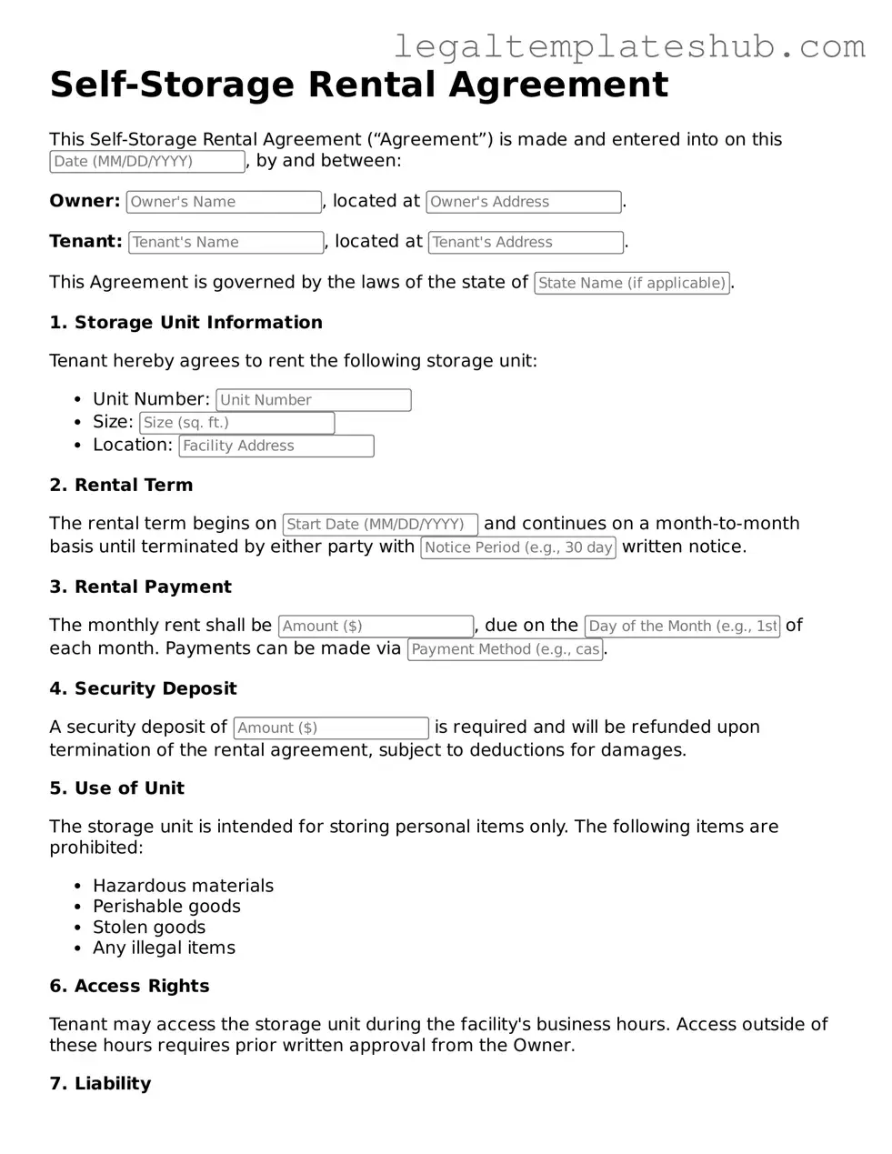 Printable Self-Storage Rental Agreement Template