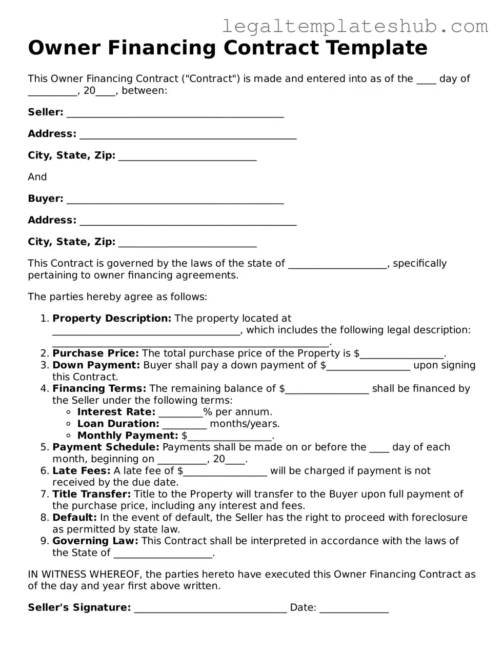 Printable Owner Financing Contract Template