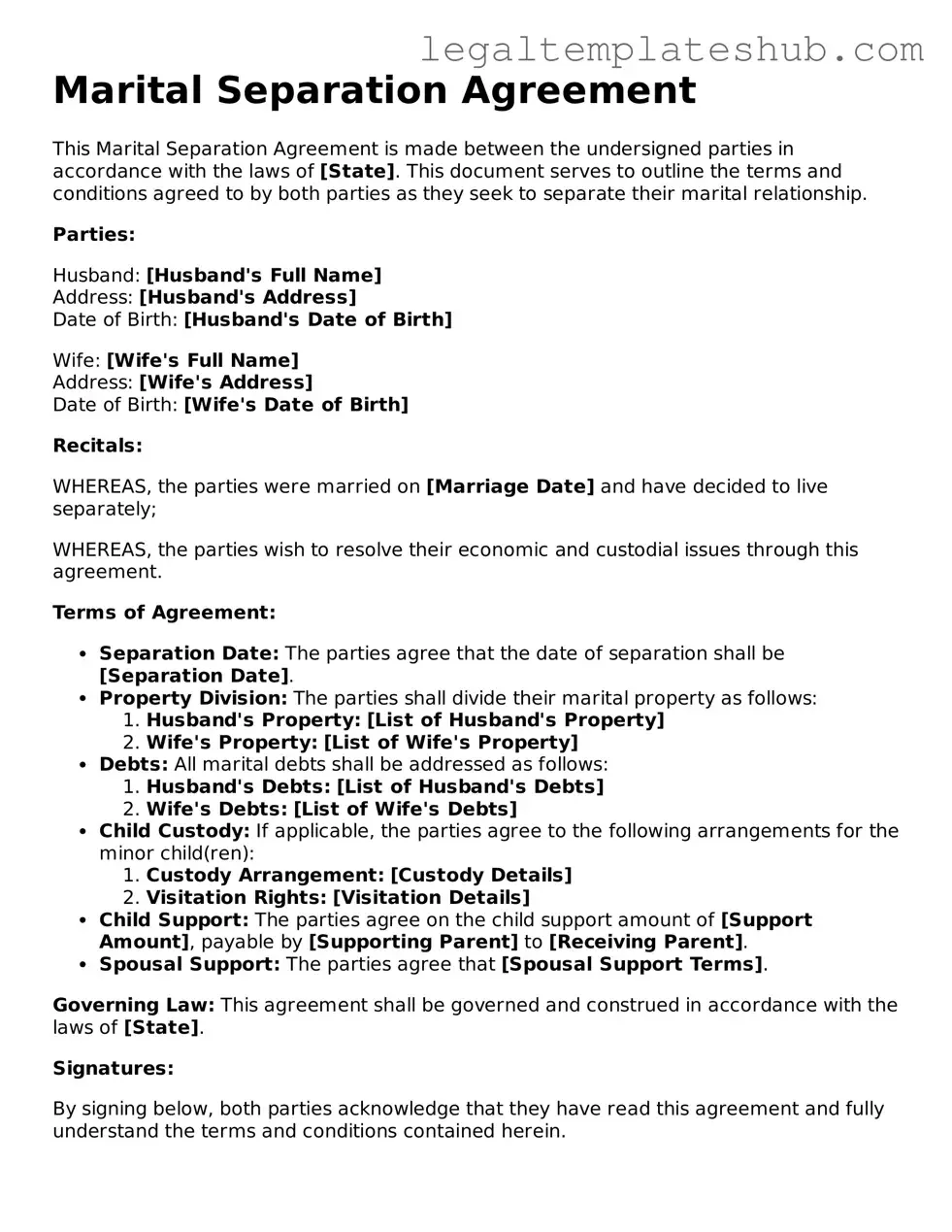 Printable Marital Separation Agreement Template