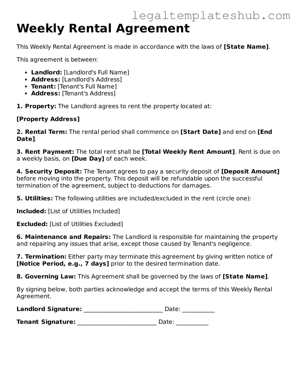 Printable Weekly Rental Agreement Template