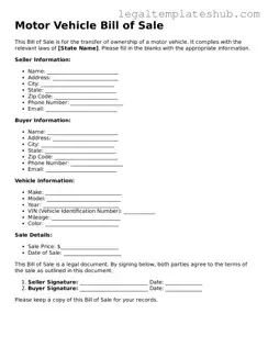 Printable Motor Vehicle Bill of Sale Template